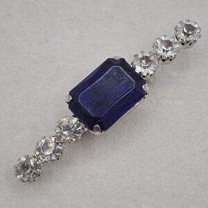Vintage‎ Blue Rhinestone Bar Brooch Silver Tone Clear Glass Blue Acrylic Glam